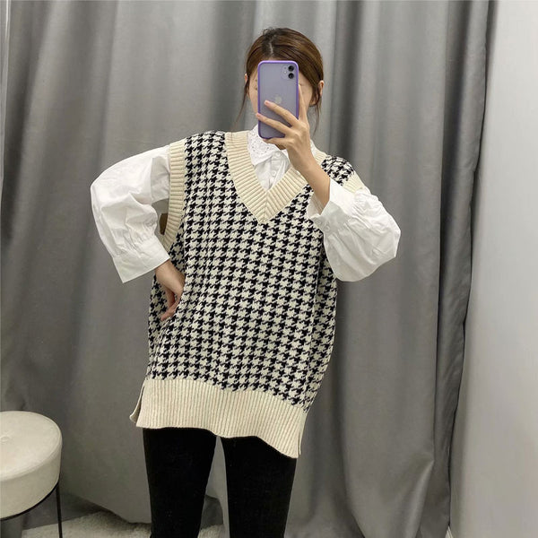 Chaleco Tejido Houndstooth Suelto para Mujer