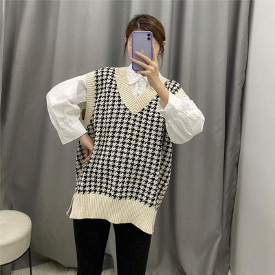 Chaleco Tejido Houndstooth Suelto para Mujer