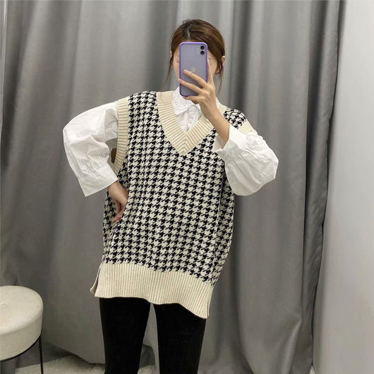 Chaleco Tejido Houndstooth Suelto para Mujer