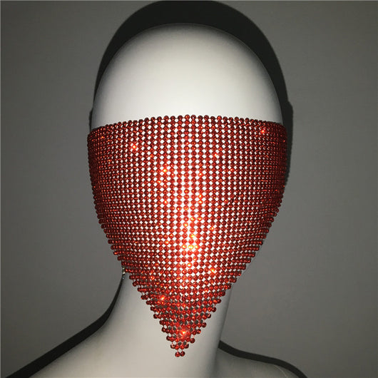 Gold rhinestone mask made of metal mesh, covering the face from the eyes to below the chin, displayed on a white mannequin head. - Image 15