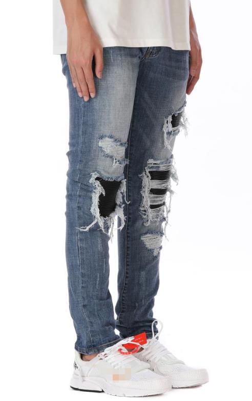 Pantalones Slim Azul y Negro con Roturas Elásticas para Rodillas - Image 3