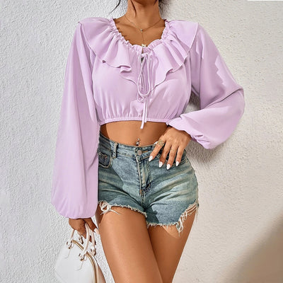 Blusa Elegante de Manga Larga con Cuello Fruncido y Volantes - Image 7