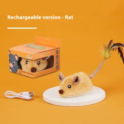 Yellow remote control electric plush mouse cat toy with a black remote and white USB charging cable. - Image 7