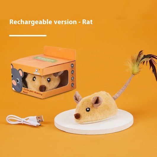 Yellow remote control electric plush mouse cat toy with a black remote and white USB charging cable. - Image 7