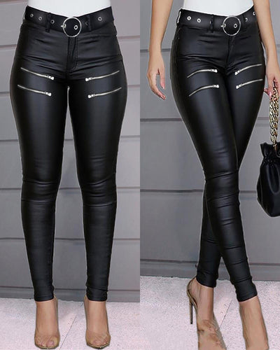Pantalón Ajustado Casual Versátil con Detalles de Cierre