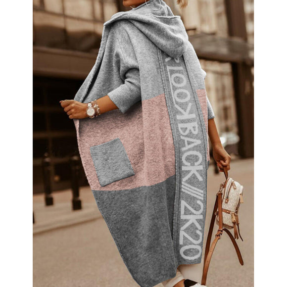 Cardigan Largo Casual con Bolsillos y Capucha Color Block