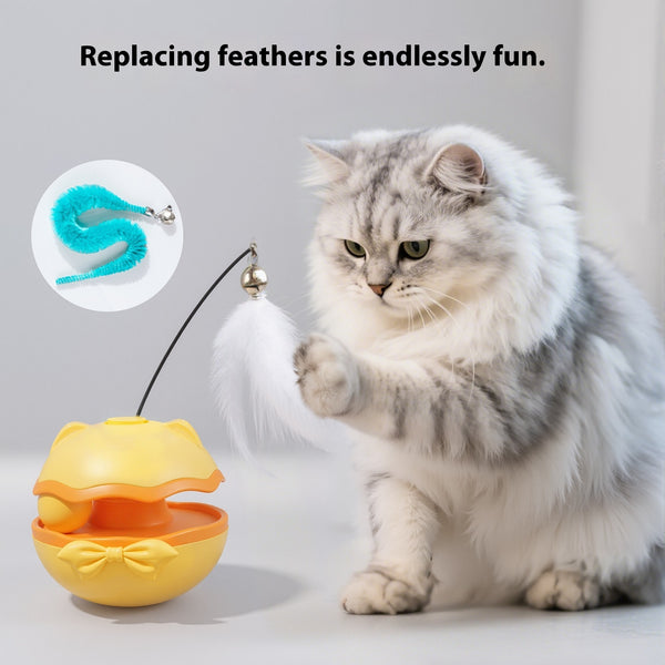 Lemon yellow electric cat toy tumbler with a white feather teaser and two teal worm-like replacement heads.