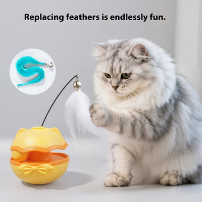 Lemon yellow electric cat toy tumbler with a white feather teaser and two teal worm-like replacement heads.
