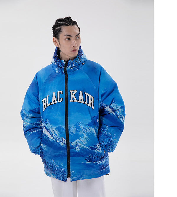 Chaqueta de Algodón Grueso con Letras Bordadas Estampado Montaña Nevada