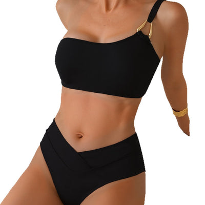Black one-shoulder bikini with a gold-tone metal buckle detail and high-waisted bottoms with a V-front design. - Image 5