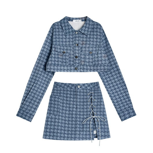 Conjunto de Dos Piezas Cuadros Azules - Top Corto y Falda - Image 4