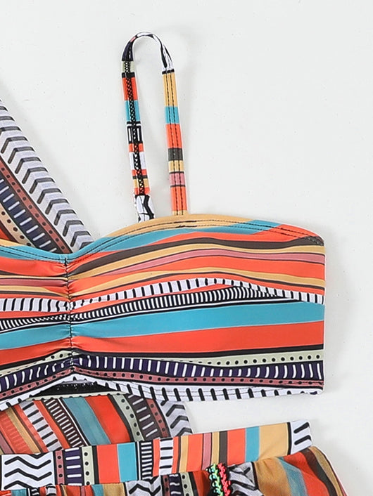 Four-piece swimsuit set with a colorful striped bikini, tassel shorts, and a matching kimono cover-up. - Image 18