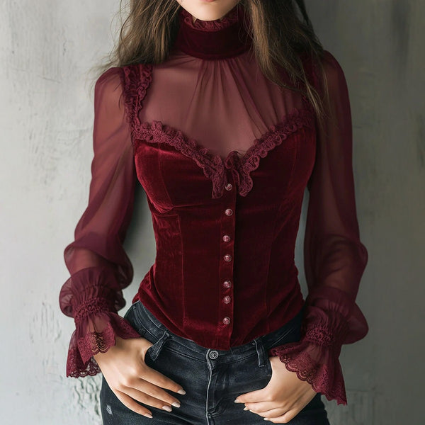 Blusa Negra de Encaje con Paneles de Malla y Detalles Florales Calados
