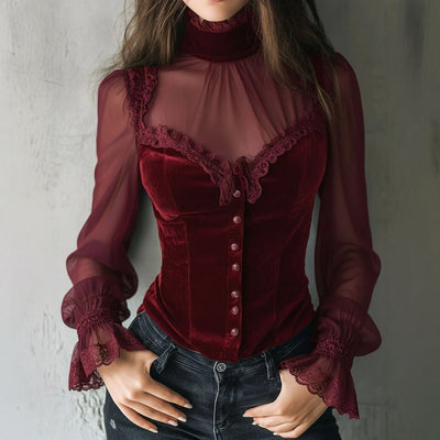 Blusa Negra de Encaje con Paneles de Malla y Detalles Florales Calados