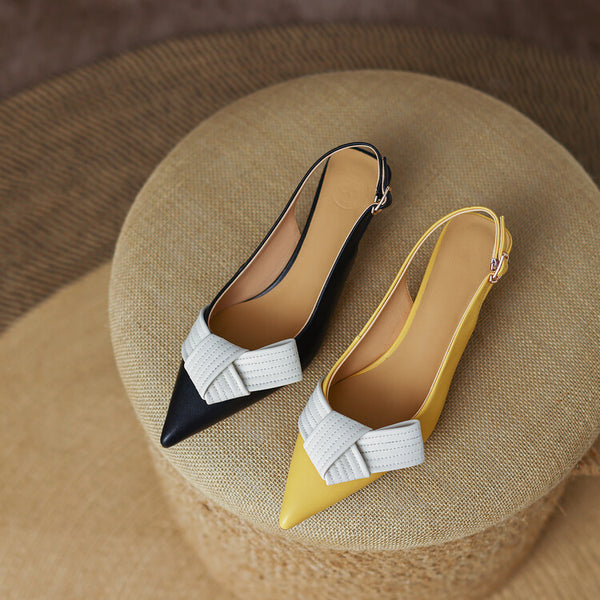Sandalias Baotou con Tira Trasera, Punta Afilada y Moño de Cuero Genuino