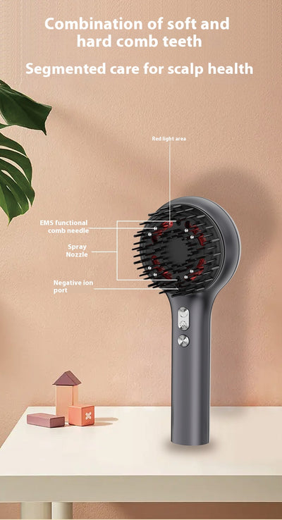 Dark gray electric scalp massage comb with black bristles and red accents, shown with a clear protective cover. - Image 13