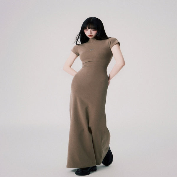 Vestido Entallado de Punto con Cuello Medio y Manga Corta para Mujer
