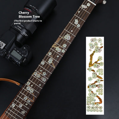 Blue cloud-shaped inlay stickers for guitar fingerboards, shown on a guitar neck and as a full sheet. - Image 23
