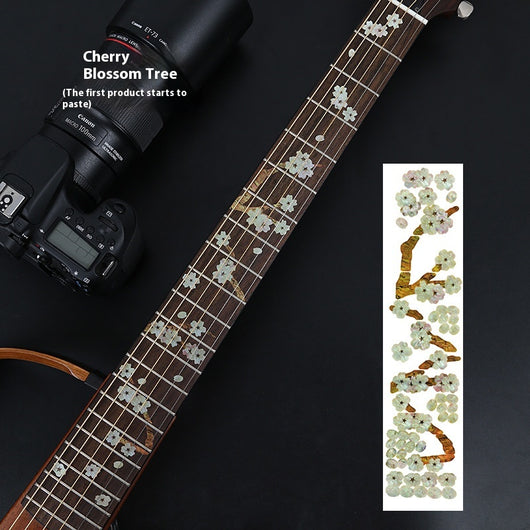 Blue cloud-shaped inlay stickers for guitar fingerboards, shown on a guitar neck and as a full sheet. - Image 23