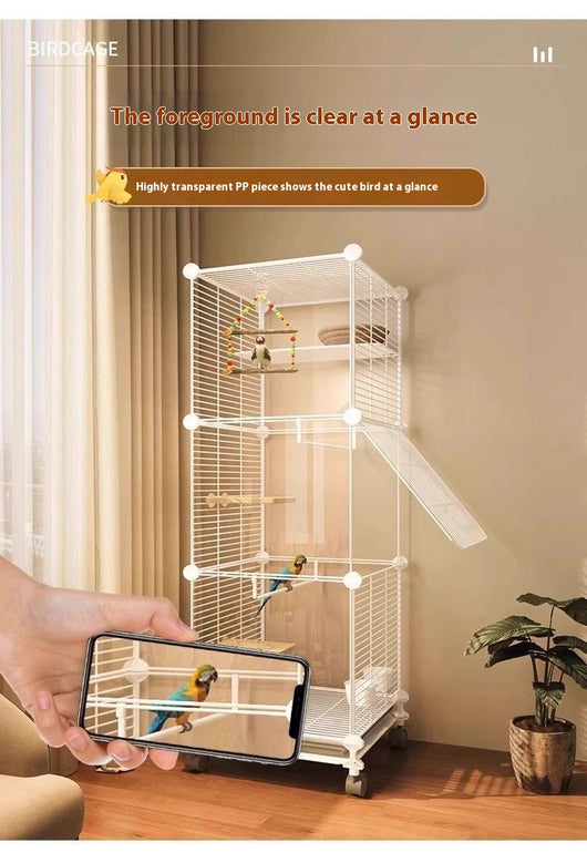 White single-layer bird cage with transparent sides, wire door, perches, bells, and a tunnel, on wheels. - Image 8