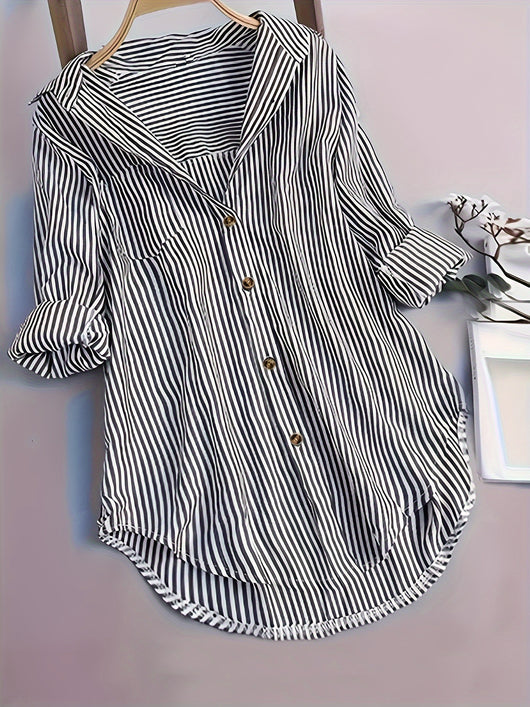 Camisa Casual Suelta a Rayas con Botones y Mangas Largas para Mujer - Image 4