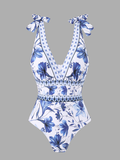 White and green floral print one-piece swimsuit with tie-shoulder straps and matching long chiffon skirt. - Image 6