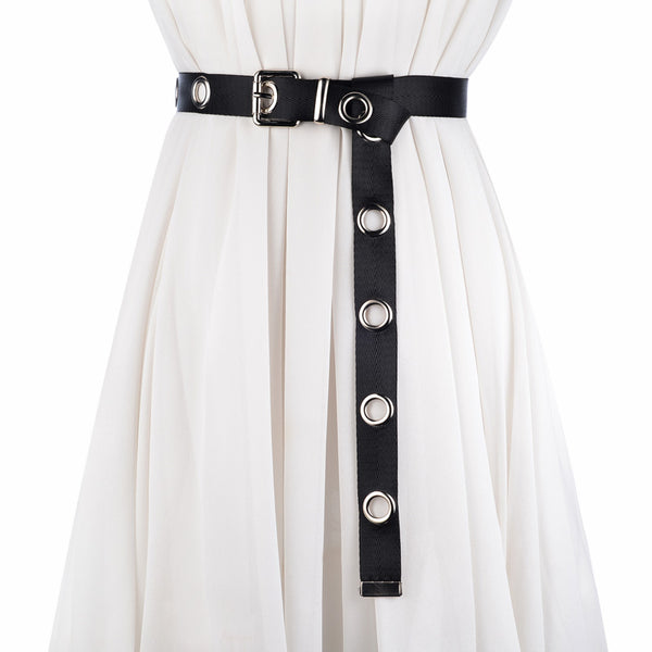 Black canvas belt with silver-tone metal eyelets and a pin buckle, designed to be tied.