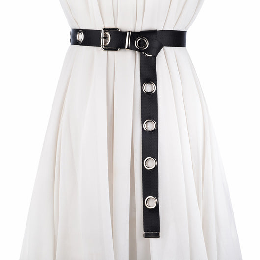 Black canvas belt with silver-tone metal eyelets and a pin buckle, designed to be tied.