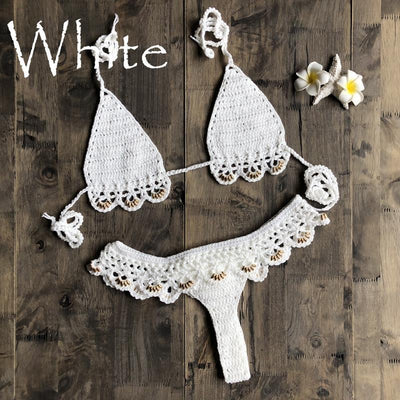 Lake green handmade crochet bikini set with gold beads, featuring a triangle top and thong bottom on wood. - Image 2