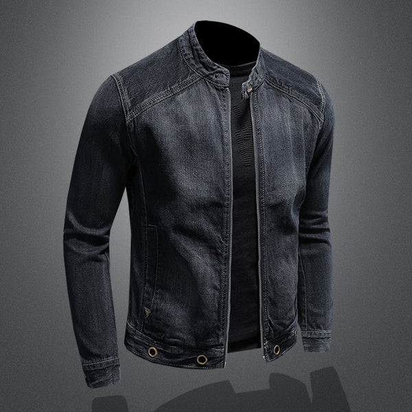 Chaqueta Denim Vintage Motociclista Azul Oscuro con Cuello de Pie y Cierre