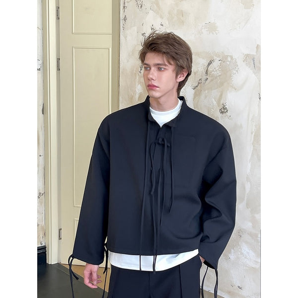 Suéter Tipo Cardigan con Cuello Solapa y Cordón Ajustable