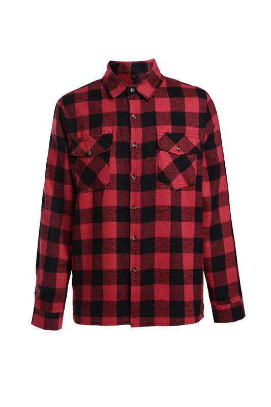 Camisa a Cuadros con Bolsillo y Solapa para Hombre - Manga Larga Otoño