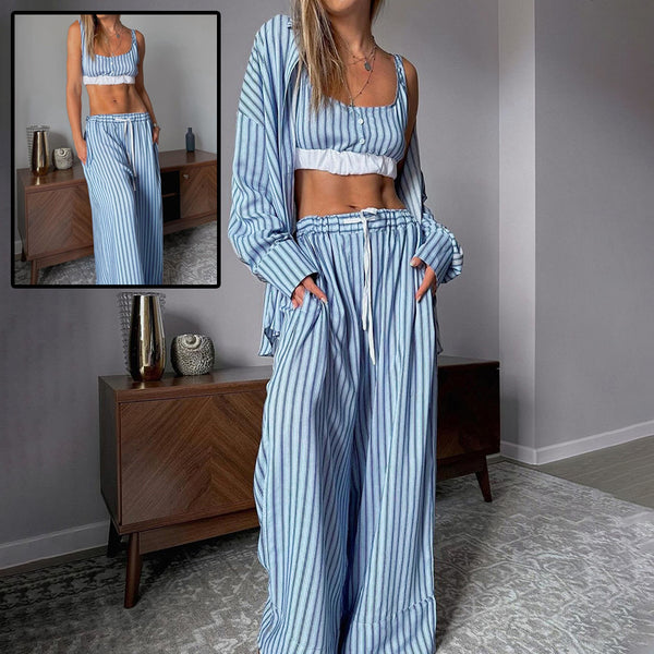 Conjunto de 3 Piezas Y2K Mujer: Top Rayado, Camisa Manga Larga y Pantalón Elástico