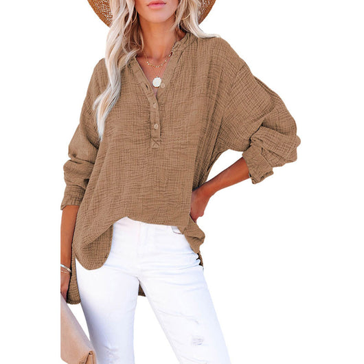 Blusa Suelta de Manga Larga con Cuello y Botones Decorativos - Otoño - Image 7