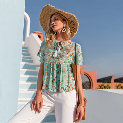 Blusa Casual para Mujer con Encaje Estampado y Flecos - Image 4