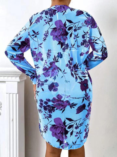 Milky white floral print three-piece swimsuit with triangle bikini top, v-cut bottom, and sheer long-sleeve cover-up. - Image 38