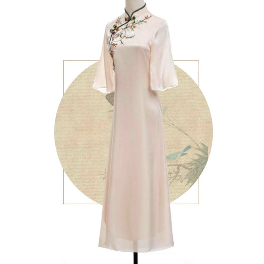 Vestido Cheongsam Disco con Bordado Floral Durazno y Beige - Image 4