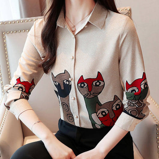 Blusa Vintage con Estampado de Gatos en Chifón para Primavera y Otoño - Image 2