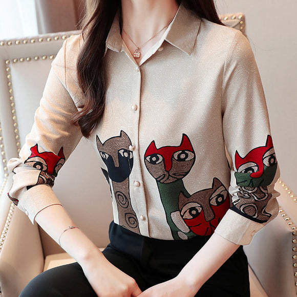 Blusa Vintage con Estampado de Gatos en Chifón para Primavera y Otoño