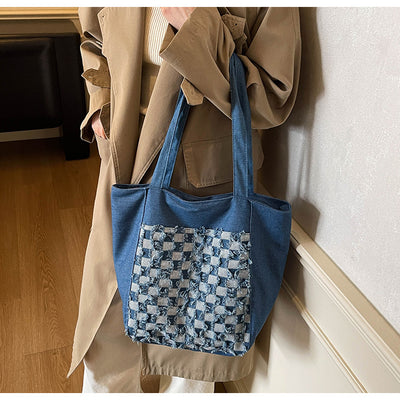 Bolsa Tote de Mezclilla Lavada con Patrón Escocés y Gran Capacidad - Image 21