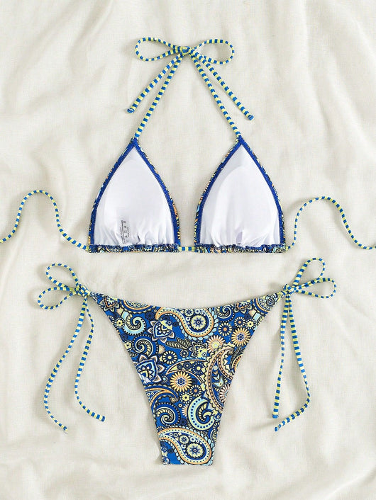 Female creative minimally printed split bikini set with a vibrant bohemian pattern and tie-side bottoms. - Image 12