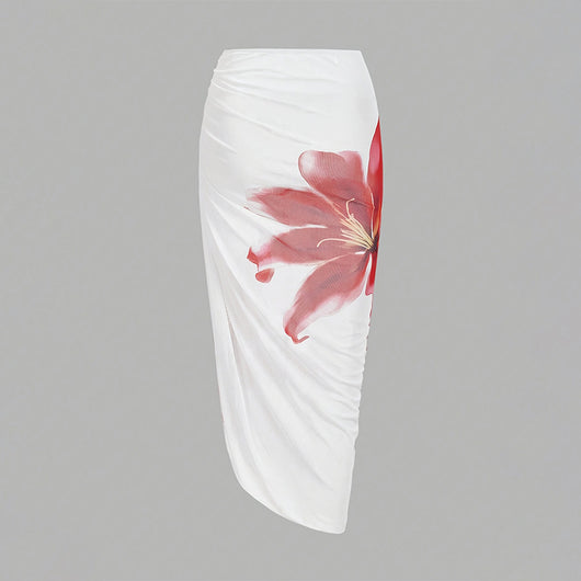 White one-piece swimsuit with red floral print and matching ruched sarong skirt for beach or resort wear. - Image 12