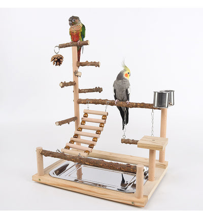 Multi-level natural wood parrot play stand with perches, ladder, swings, and two stainless steel feeding cups. - Image 9