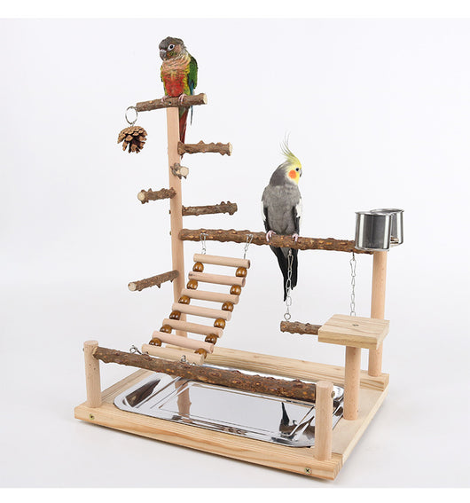 Multi-level natural wood parrot play stand with perches, ladder, swings, and two stainless steel feeding cups. - Image 9