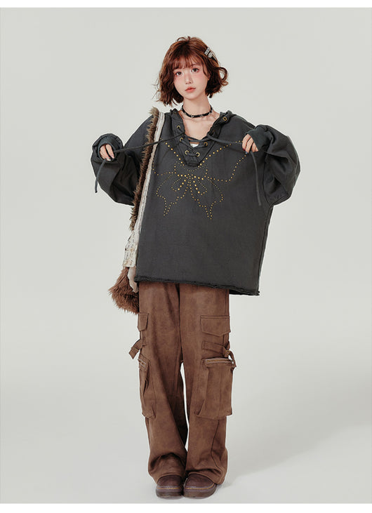Sudadera Retro con Capucha Mujer - Cuello V Cordones y Remaches - Image 19