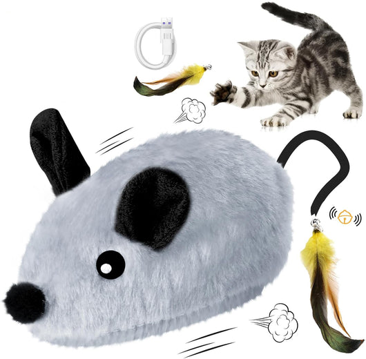Interactive grey plush mouse cat toy with black ears and nose, feather and bell tail, and a USB charging cable. A kitten plays with a feather toy. - Image 9