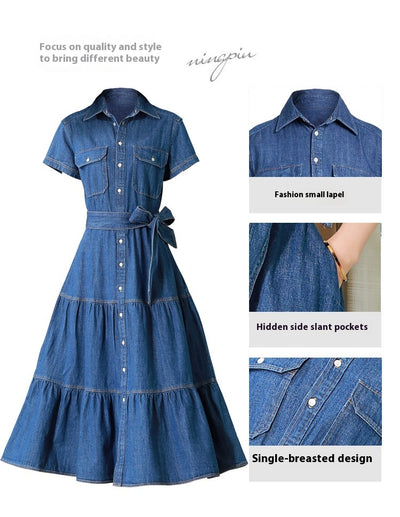 Vestido Camisero de Algodón con Falda Larga y Detalle Denim - Image 7