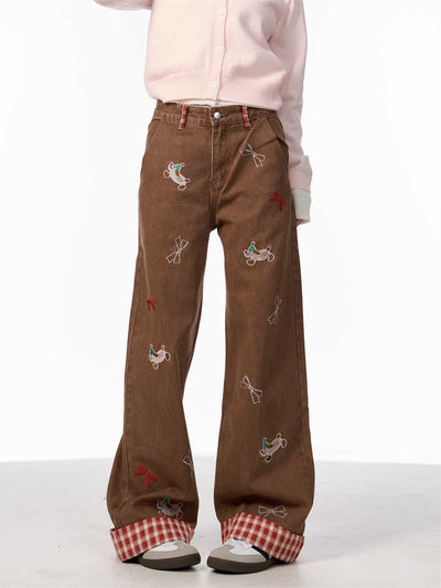 Jeans de Pierna Ancha Cintura Alta con Bordado de Moño Vintage - Image 5