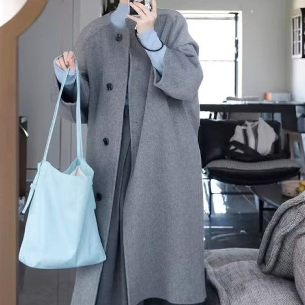 Abrigo de Lana Gris Elegante de Largo Medio para Mujer