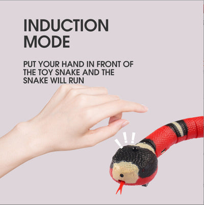 Red, black, and white electric induction snake toy for cats with a red tongue, next to a white USB charging cable. - Image 4